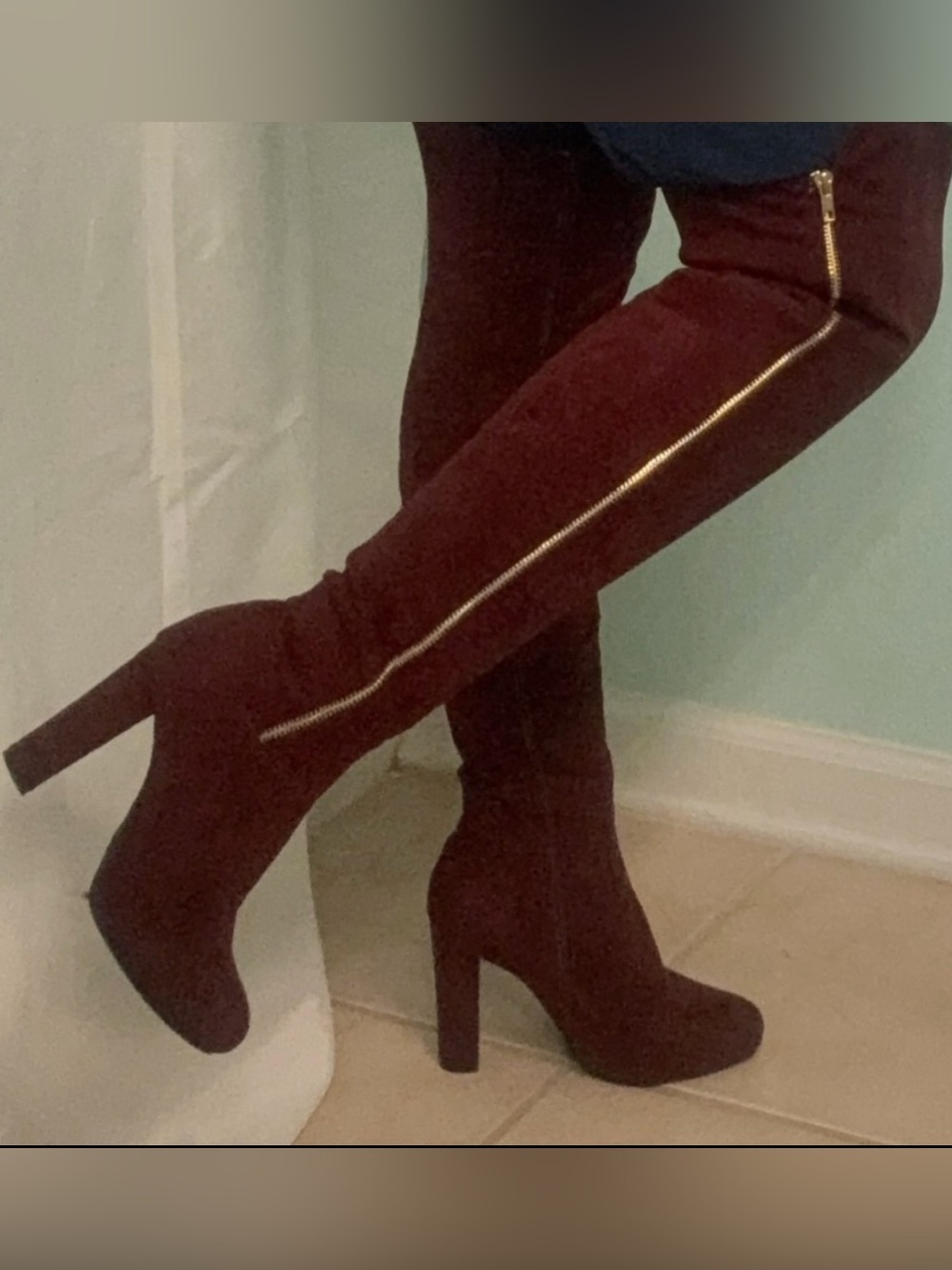 TOP Moda Burgundy Over the Knee Faux Suede Thigh High Heel Gold Zipper Boots 7